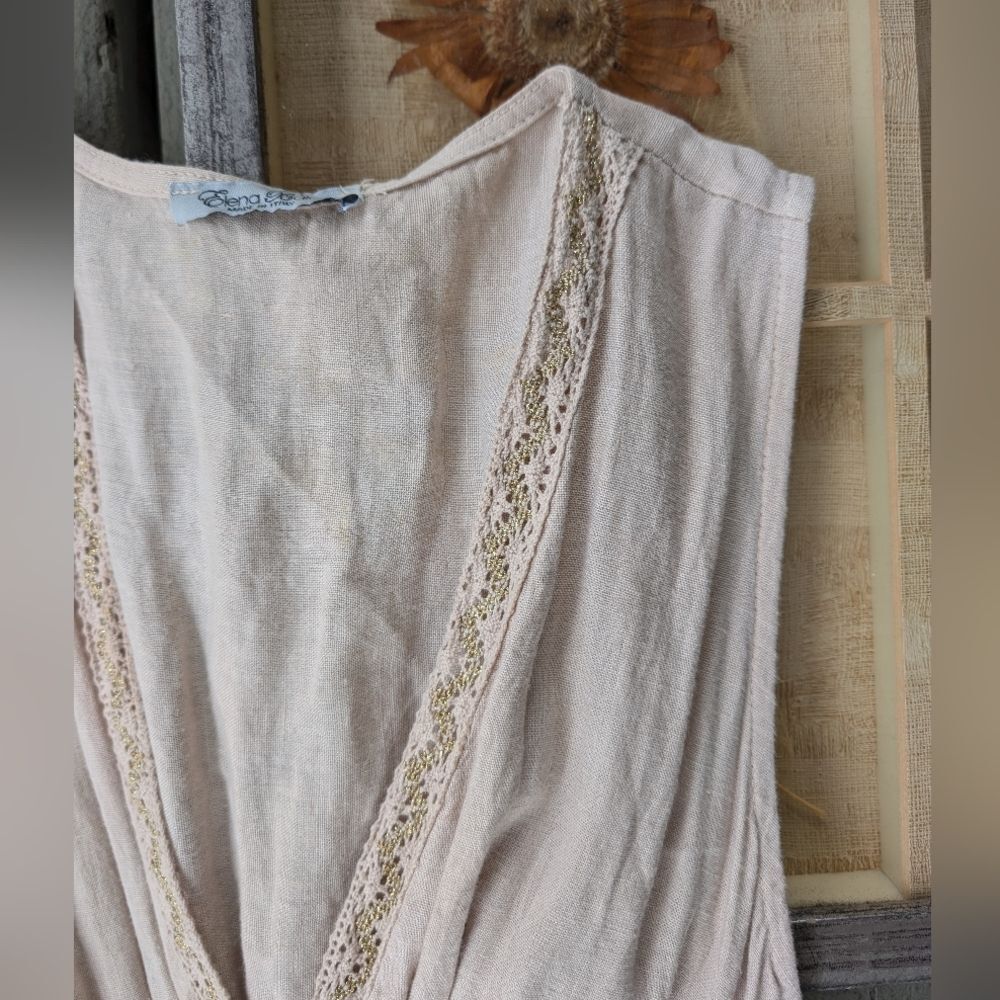 Elena Baldi Beige Linen Embroidered V-Neck Tiered‎ Sleeveless Midi Dress Size M - Picture 4 of 7